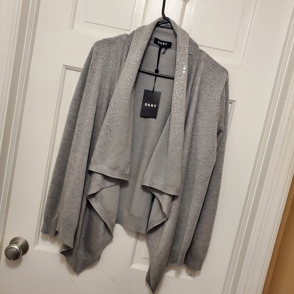NWT DKNY Gray With Sequin Cascading Open Front Cardigan size xs/small - Picture 10 of 11